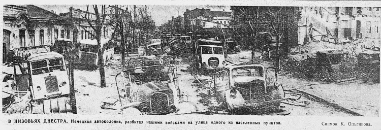 В низовьях Днестра. Немецкая автоколонна, разбитая нашими войсками